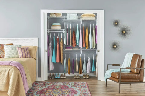 Heavy Duty Wire Closet Organizer System With Adjustable Shelves And Double Clothes Rods Built Different Steel Frame Straight Up Win For 4 To 6 Ft Wide Wall Mounted Closets with colorful dresses.