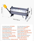 Box and Pan Brake 24 Inch Sheet Metal Bender with specifications, shown in side view with dimensions and features highlighted.
