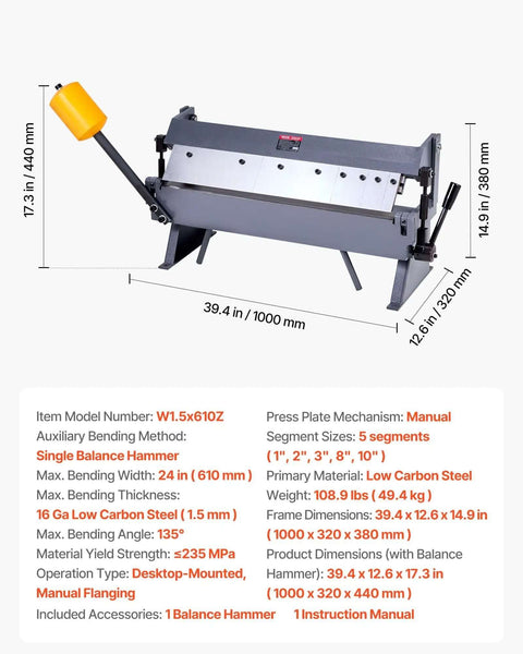 Box and Pan Brake 24 Inch Sheet Metal Bender with specifications, shown in side view with dimensions and features highlighted.