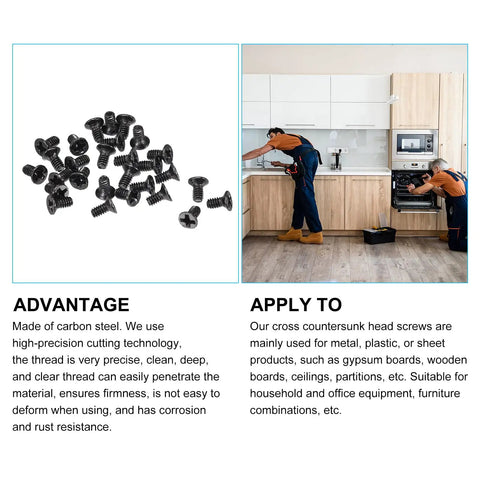 Top Shelf Phillips Flat Head Machine Screws In M2 X 4mm Size Boasting Solid Carbon Steel Toughness With A Sleek Black Finish Gives You A Sweet 150 Piece Pack shown with tools in kitchen.