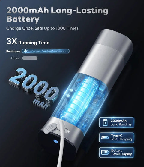 Cordless Handheld Vacuum Sealer For Food 75kPa 2000mAh Battery Meal Prep Ready charging detail with USB type-C cable