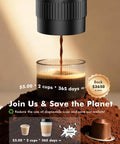 Coffee brewing from All In One Portable Coffee Maker Set With Mini Electric Espresso Machine into a glass, cost comparison.