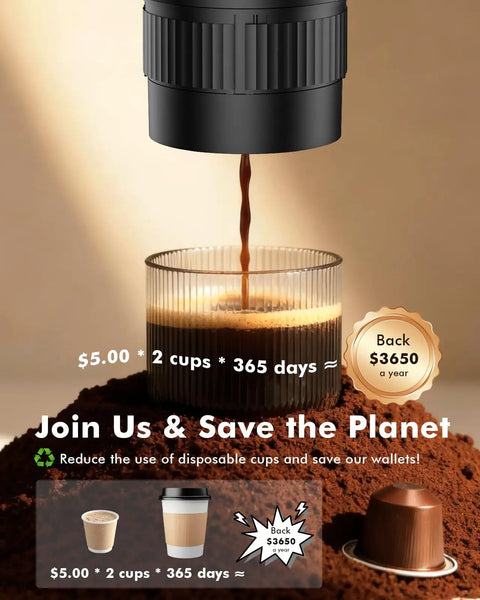 Coffee brewing from All In One Portable Coffee Maker Set With Mini Electric Espresso Machine into a glass, cost comparison.