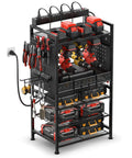 Power Tool Organizer Floor Stand With Charging Station For Garage Adjustable Storage Rack Tool Shelf With 8 Outlet Power Strip Heavy Duty Drill And Battery Holder Built To Last Black, showing tools and batteries organized on a black metal stand.