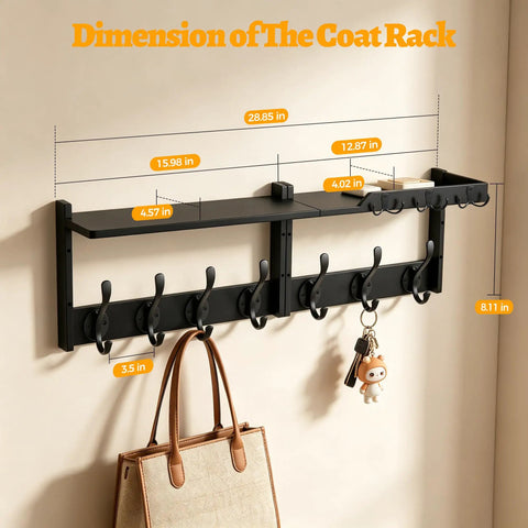 Slick Wall Mount Coat Rack With Bamboo Shelf And Heavy Duty Hooks Perfect For Effortless Entryway Organization holds dimensions of 28.85x12.87 inches.