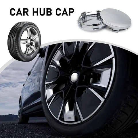 Four Piece Snap In Wheel Center Hub Caps With Slick Chrome Silver Finish And 60mm Outer Diameter mounted on a sleek car wheel.