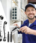 Technician using Pro Grade Refrigeration Wrench Set For HVAC Repairs, 4-piece ratchet tool kit, air conditioner valve kit.