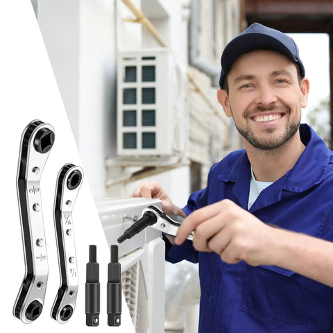 Technician using Pro Grade Refrigeration Wrench Set For HVAC Repairs, 4-piece ratchet tool kit, air conditioner valve kit.