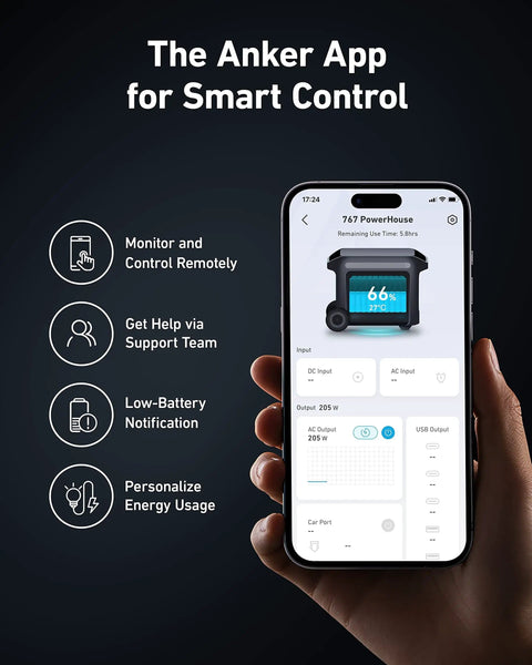 Smartphone displaying app for SOLIX F2000 Portable Power Station 2400W Solar Generator With LiFePO4 Battery GaNPrime Tech HyperFlash.