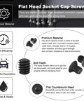 Top Shelf Grade Ten Point Nine Flat Head Socket Cap Screws 10-32 X Quarter Inch Hex Drive Machine Bolts Black Oxide Coarse Unc Killer Grip Ten Pack With Hex Spanner Solid Steel No Fluff Tool Kit displayed with details on premium material and features.