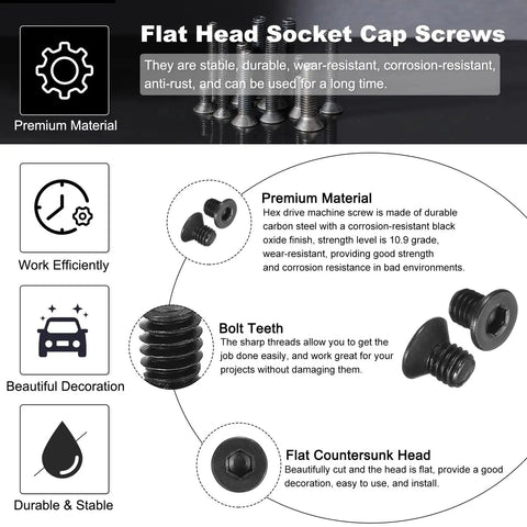 Top Shelf Grade Ten Point Nine Flat Head Socket Cap Screws 10-32 X Quarter Inch Hex Drive Machine Bolts Black Oxide Coarse Unc Killer Grip Ten Pack With Hex Spanner Solid Steel No Fluff Tool Kit displayed with details on premium material and features.