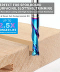 Five Piece Spiral Router Bits Set Up Down Cut Compression Bits Quarter Inch Shank in use with wood, showing Nano Blue coating.