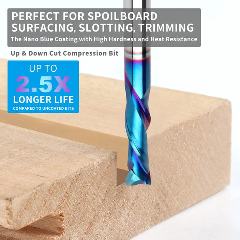 Five Piece Spiral Router Bits Set Up Down Cut Compression Bits Quarter Inch Shank in use with wood, showing Nano Blue coating.