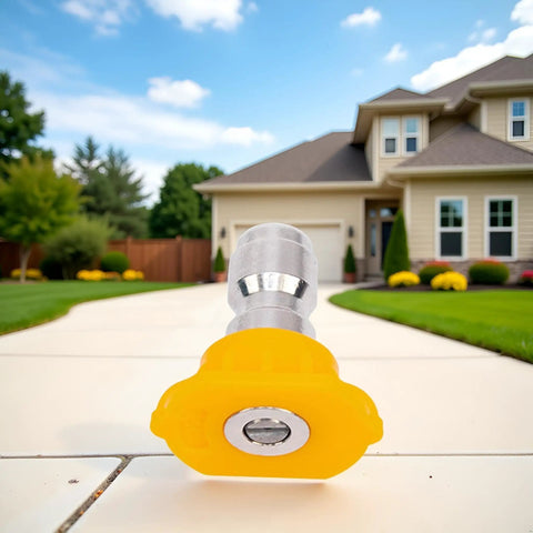 Yellow Washer Nozzle Tip For Home Pressure Washers High Pressure Lightweight And Beefy Durable Sprayer Attachment in driveway