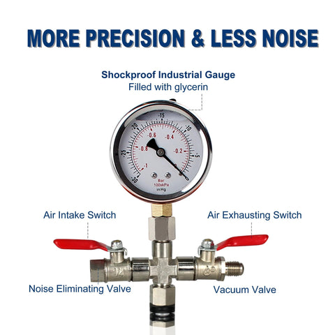 BACOENG 1-gallon flat vacuum chamber kit: gauge and valve assembly with stainless steel finish and two red lever valves