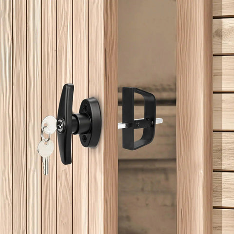 Lock It Down Shed Door Lock Latch 2 Pack Built Tough For Barns Garages And Sheds with black lever and keys on wood door.