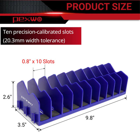 Front view of Plier Organizer And Rack 4-Pack Blue With 40-Slot Tool Storage For Toolbox Drawers, showing slot dimensions.