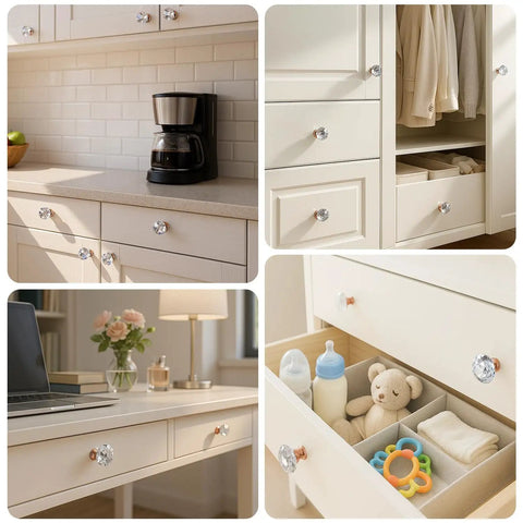 26 Piece Crystal Rose Gold Glass Cabinet Knob Set With 1-1/4 Inch Knobs and 3/4 Inch Bases shown on white cabinets in various rooms