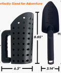 All In One Beach Shovel And Sand Sifter Set For Shelling, Shark Tooth Hunting, Treasure Digging And Metal Detecting, Lightweight Plastic Sand Scoop For Kids And Adults, Beach Day Ready, Black, dimensions labeled.