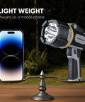 Rechargeable Spotlight 2,000,000 Lumens Beast Bright With 9 LED Plus COB Light on scale with smartphone showing lightweight design