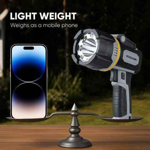Rechargeable Spotlight 2,000,000 Lumens Beast Bright With 9 LED Plus COB Light on scale with smartphone showing lightweight design