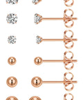 Set Of 6 Extra Long Post Earrings In Rose Gold 316L Stainless Steel Hypoallergenic Cubic Zirconia Ball Studs For Women With Sensitive Ears Lightweight And Water Safe, 12mm posts, side view