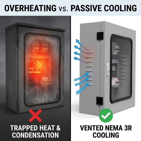 Heavy Duty EV Charger Enclosure With Secure Acrylic Viewing Window And Cylinder Lock 19X24 Inch NEMA 3R showing overheating vs passive cooling.