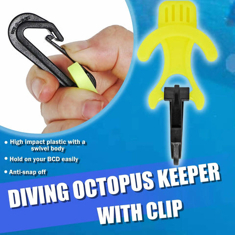 Scuba Octo Plug Regulator Holder With Yellow Plastic Clip 2 Pack Mouthpiece Keeper For Diving Keeps Octo Regulator Secured To BCD No Fuss Clip On Accessory showing clip details.