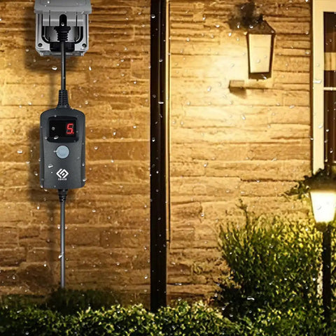 Heavy Duty Outdoor Light Timer With Smart Dusk To Dawn Sensor, mounted near a glowing lantern on a stone wall.