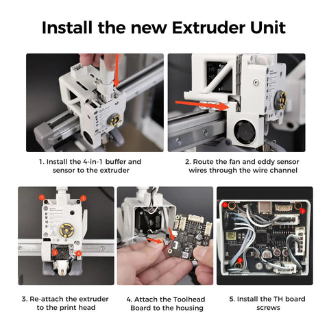 Installation steps for Heavy Duty Bambu Lab A1 And A1 Mini Extruder Unit Replacement featuring hardened steel gears and motor.