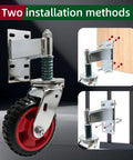 Heavy Duty 6 Inch Gate Wheel With Spring Loaded Shock Absorber Handles 700 Lbs shown with installation methods for easy setup.