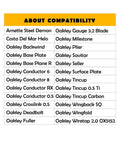 Compatibility chart for Right Up Your Alley Clear Silicone Nose Pads For Oakley Shades And Eyeglasses, Zero Slip Grip, detailing various Oakley models.