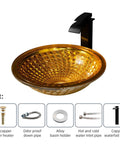 USZWBY Bathroom Vessel Sink Vanity Tempered Glass Vessel Bowl Sink Round Countertop Sink Bowl Above Counter Sink Art Basin with Waterfall Faucet Pop Up Drain, golden crystal bowl with modern black faucet.
