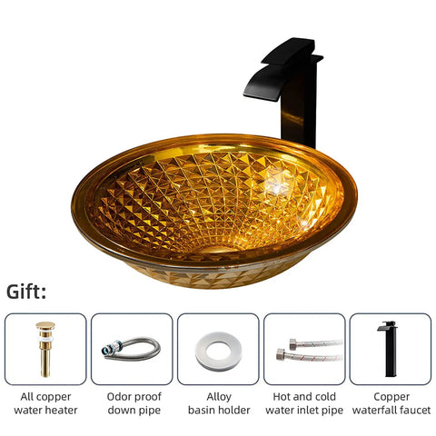 USZWBY Bathroom Vessel Sink Vanity Tempered Glass Vessel Bowl Sink Round Countertop Sink Bowl Above Counter Sink Art Basin with Waterfall Faucet Pop Up Drain, golden crystal bowl with modern black faucet.
