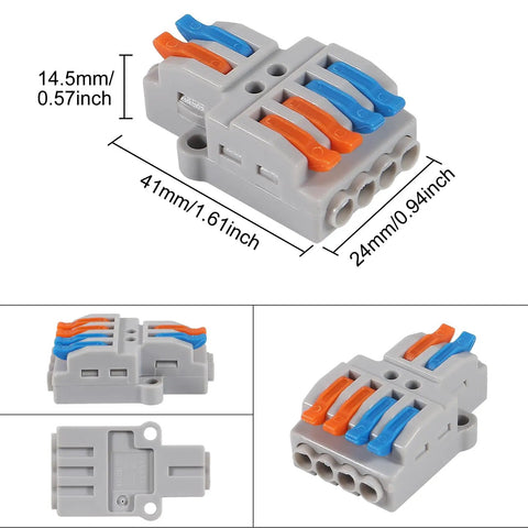 10 Pack Lever Wire Connectors Quick Wiring Cable Push-In Conductor Terminal Block 2 In 4 Out No Fuss Easy Install For Hard Wire 0.08-4.0mm2 And Soft Wire 0.08-2.5mm2 Great For Home, Lighting, Machinery And Electrical DIY. Gray PA66/PC 2-in 4-out connector, 41x24x14.5mm