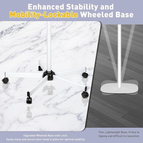 Close-up of 5-wheel rolling base for 2 In 1 Lighted Magnifier With Stand And 5 Wheel Rolling Base, 2200 Lumens Dimmable Magnifying Floor Lamp.