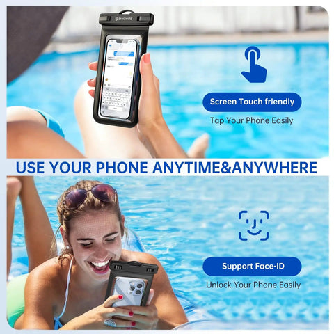 Keep It Dry No Stress Totally Waterproof Phone Pouch 2 Pack IPX8 certified pouch in use by a swimmer by the pool.
