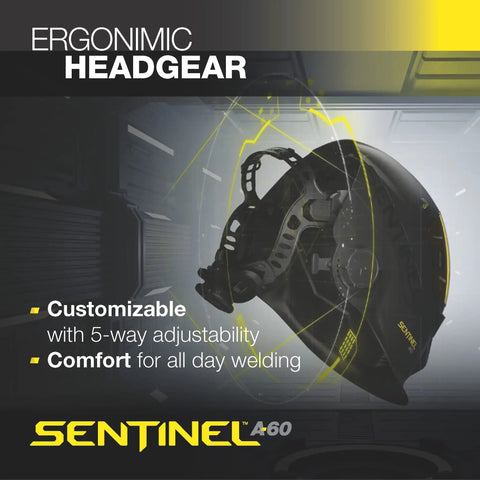 Sentinel A60 Welding Helmet With True Color ADF ergonomic headgear shown with adjustable design and comfort features.