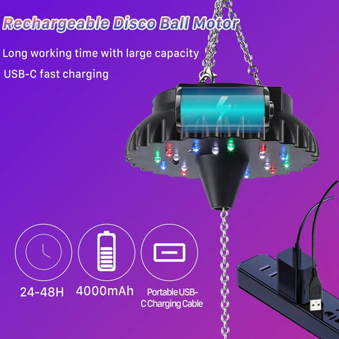 Rechargeable Disco Ball Spinner with Remote Control, 18 RGBW LEDs, 4000mAh battery, quick charge setup.