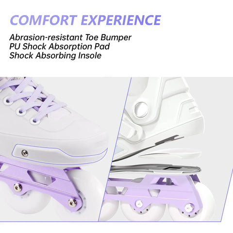Close-up of Pro Grade Inline Skates For Adults And Teens, High Performance Racing Skates with ABEC 11 Bearings, Purple Unibody Shell