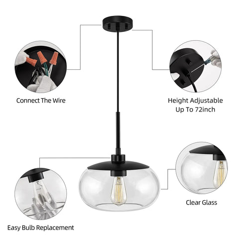 10 Inch Single Pendant Light With Clear Glass Shade In Matte Black Finish Modern Ceiling Fixture For Kitchen Island Or Bar Area Minimalist Contemporary Pendant Lighting With Clean Lines And Slick Style Pairing