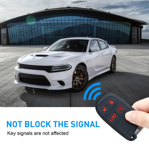Image of a white Dodge Charger with a Dodge Key Fob Cover 5 Button Case for Charger Challenger Dart Durango Journey Shield Protective Shell.