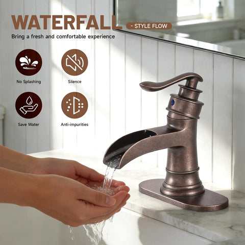Person using Copper Farmhouse Bathroom Sink Faucet With Waterfall Spout Boss Built To Last Pop Up Drain Stopper Single Handle Single Hole Vanity Rustic Antique Style Includes Supply Lines Hose, showing waterfall spout in action.