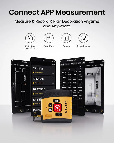Go-To Smart Digital Laser Tape Measure 3-In-1 Tool With 131ft Laser And 16ft Tape, Quick Switch Between Laser And Tape, App Sync With Smart Life For Easy Projects And Precise Measurements. app measurement screens