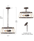 Farmhouse Bronze Drum Chandelier With Hemp Rope, 3 Light Dining Room And Kitchen Island Lighting, 16.5 Inch Diameter shown in dimensions.