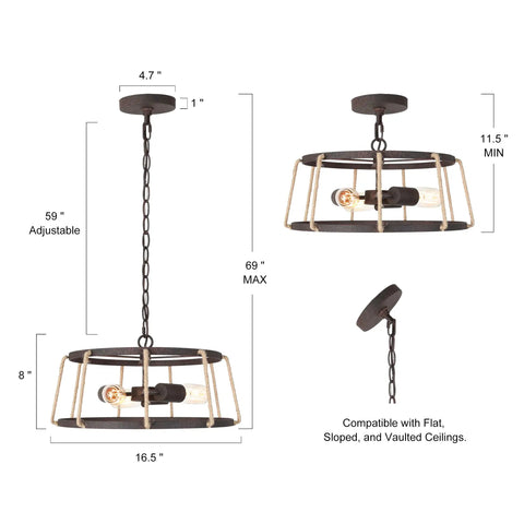 Farmhouse Bronze Drum Chandelier With Hemp Rope, 3 Light Dining Room And Kitchen Island Lighting, 16.5 Inch Diameter shown in dimensions.