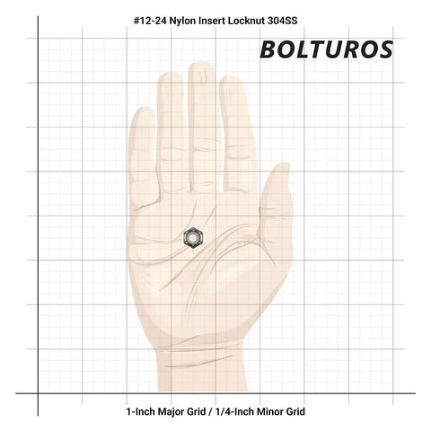 Hand holding 12-24 Nylon Insert Lock Nut made from 304 stainless steel, showing size comparison for pack of 25