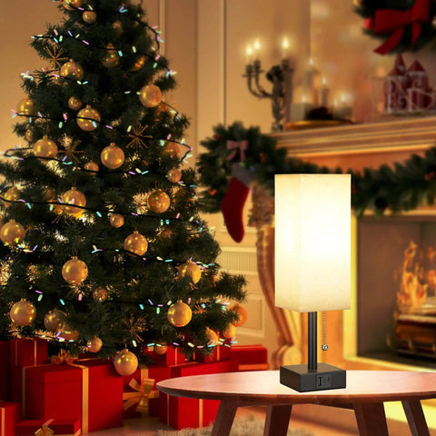 Cozy Bedside Table Lamp With 3 Color Temperatures 3000K 4000K 5000K on a table near a decorated Christmas tree and fireplace