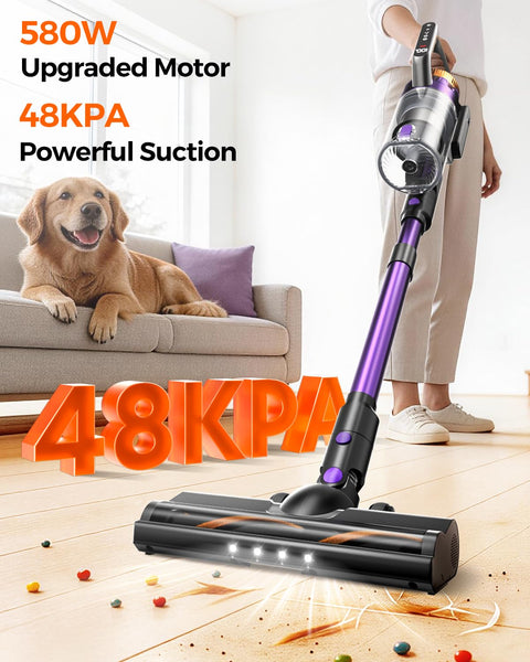 Cordless Vacuum Cleaner For Home With 580W Power And 48KPa Suction, Lightweight Stick Vacuum cleaning pet hair and debris off floor