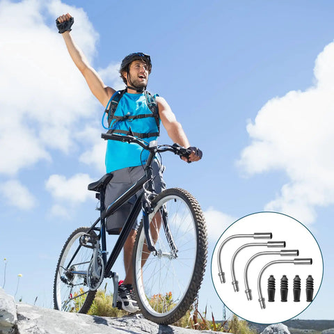 Cyclist on mountain bike with inset of V Brake Noodle Cable Guide Set With Four Brake Pipe Guides And Rubber Boots For Mountain And Road Bikes Easy Replacement Kit For Crisp Smooth Braking And Long Lasting Performance.